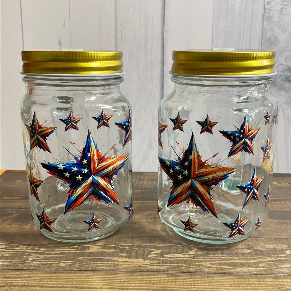 Patriotic Star Mason Jars w/ Gold Lids – Set of 2